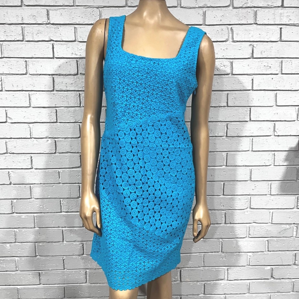 Yoana Baraschi Turquoise Floral Eyelet Lace Cutout Back Sheath Dress Sz 8